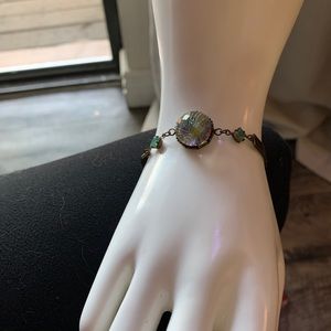 Authentic Jade Stones & Swarovski Gem on Bronze “HOPE & FAITH” Plate Bracelet